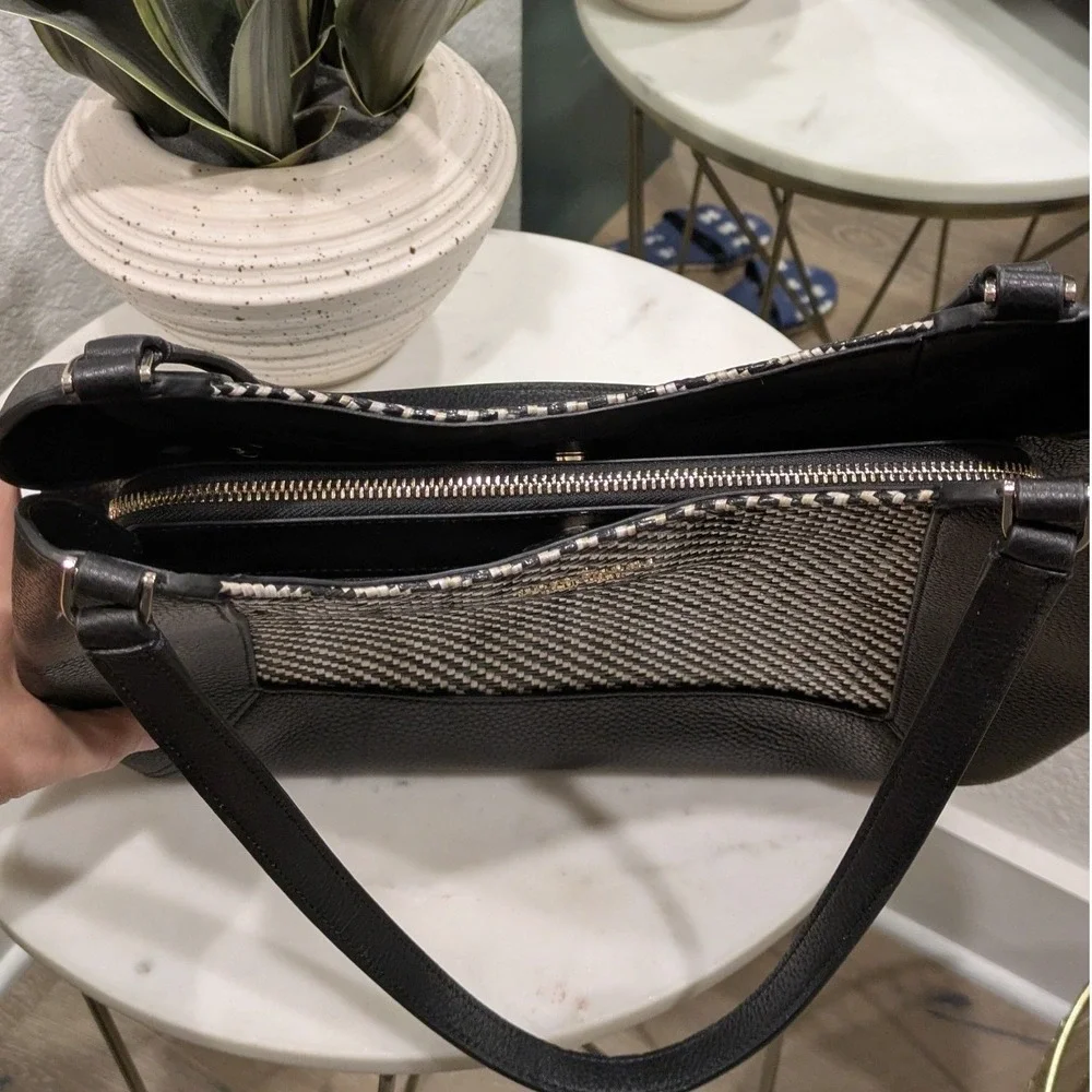 Kate Spade Lena Straw Triple Compartment Shoulder Bag Black Pebbled Leather